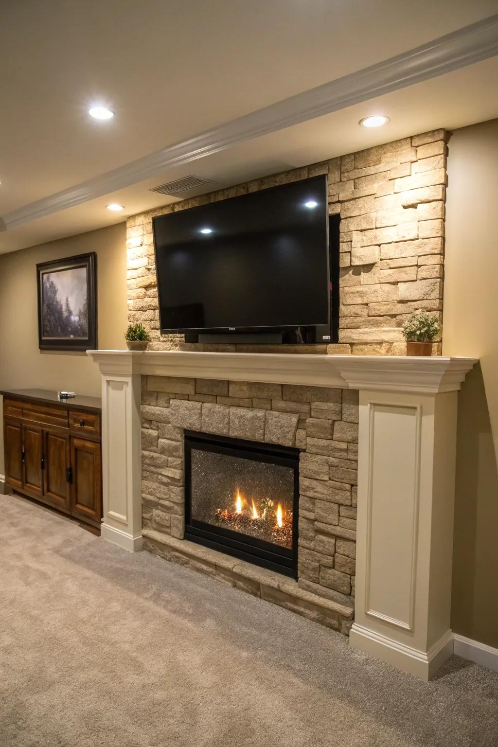 A basement TV area with a faux fireplace, introducing warmth and a cozy atmosphere to the entertainment zone.