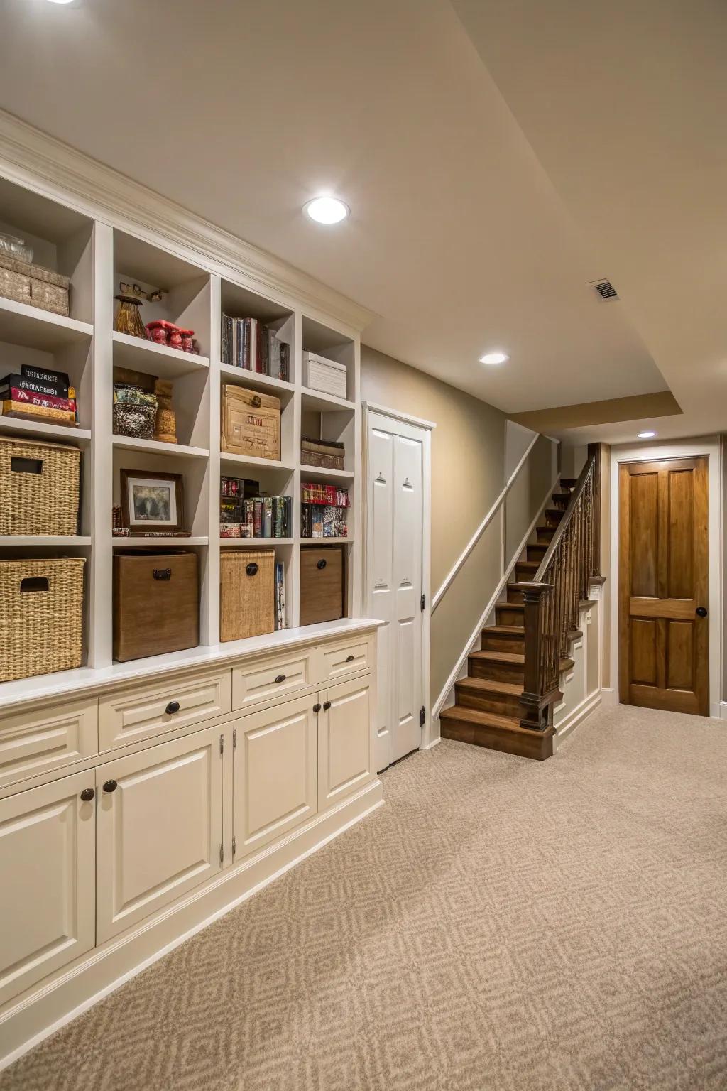 Space-saving designs keep basements organized.
