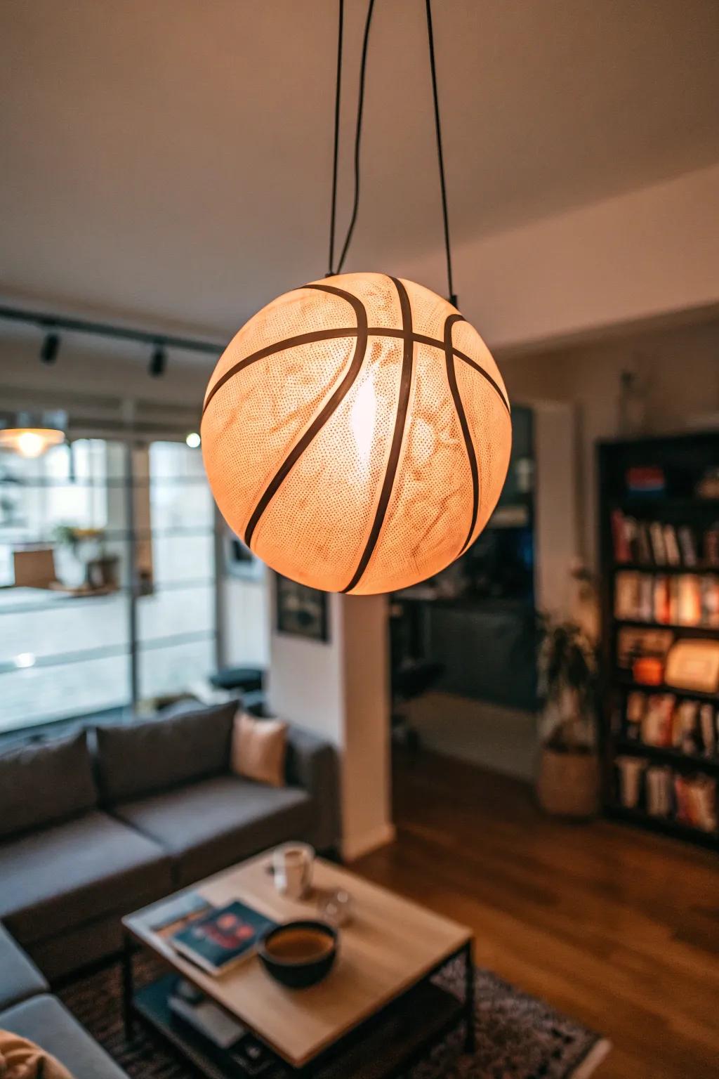 An illumination fixture shaped like a basketball brightens the area.