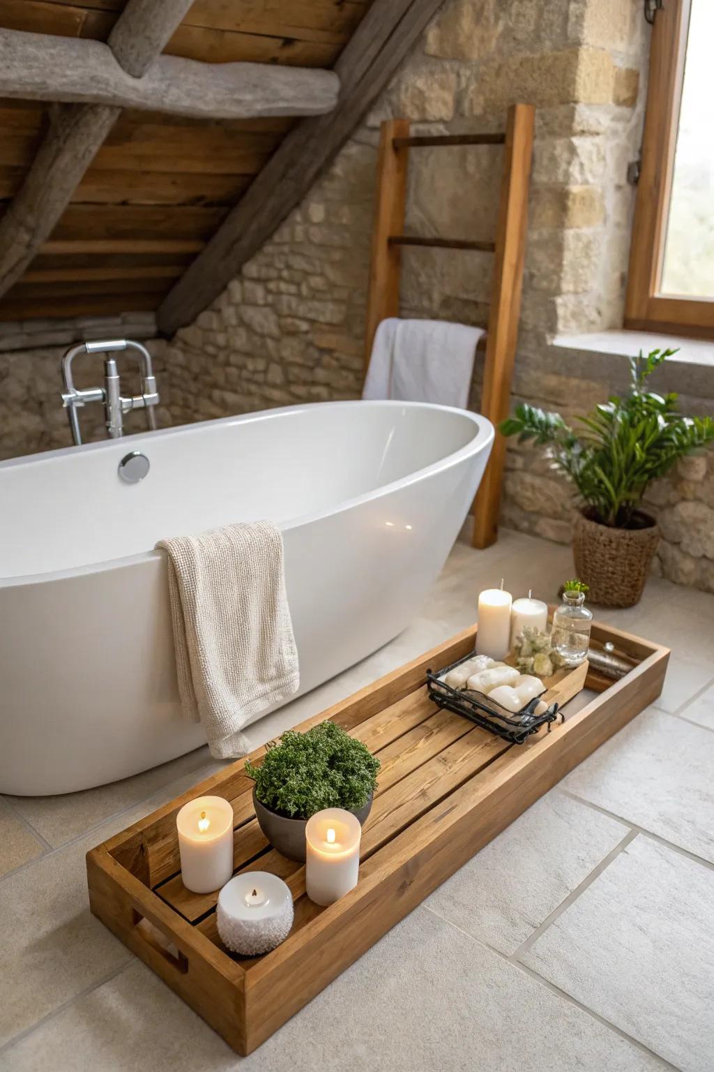 Add warmth and texture with a classic wood bath bridge.