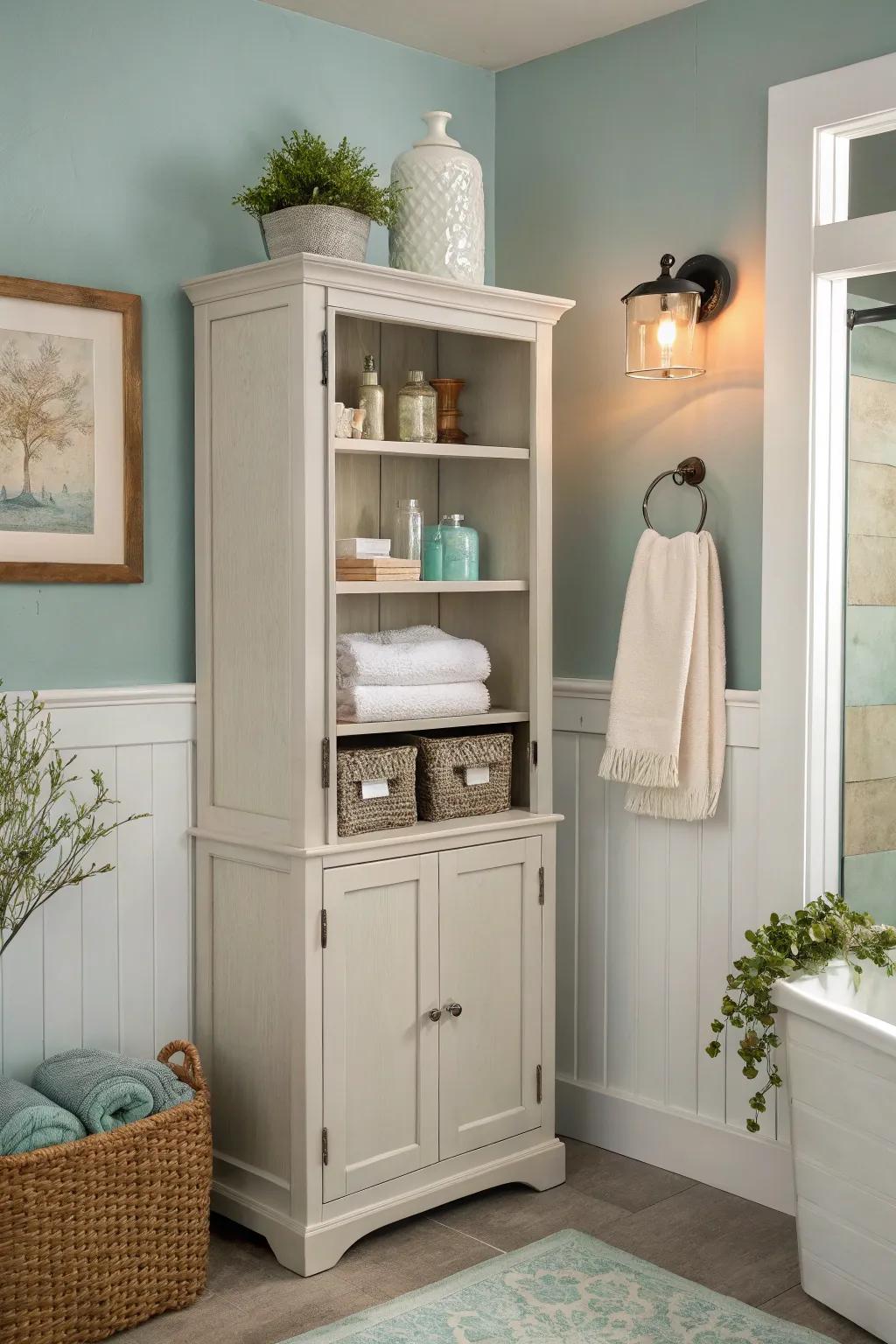 Muted hues foster a calming bathroom ambiance.