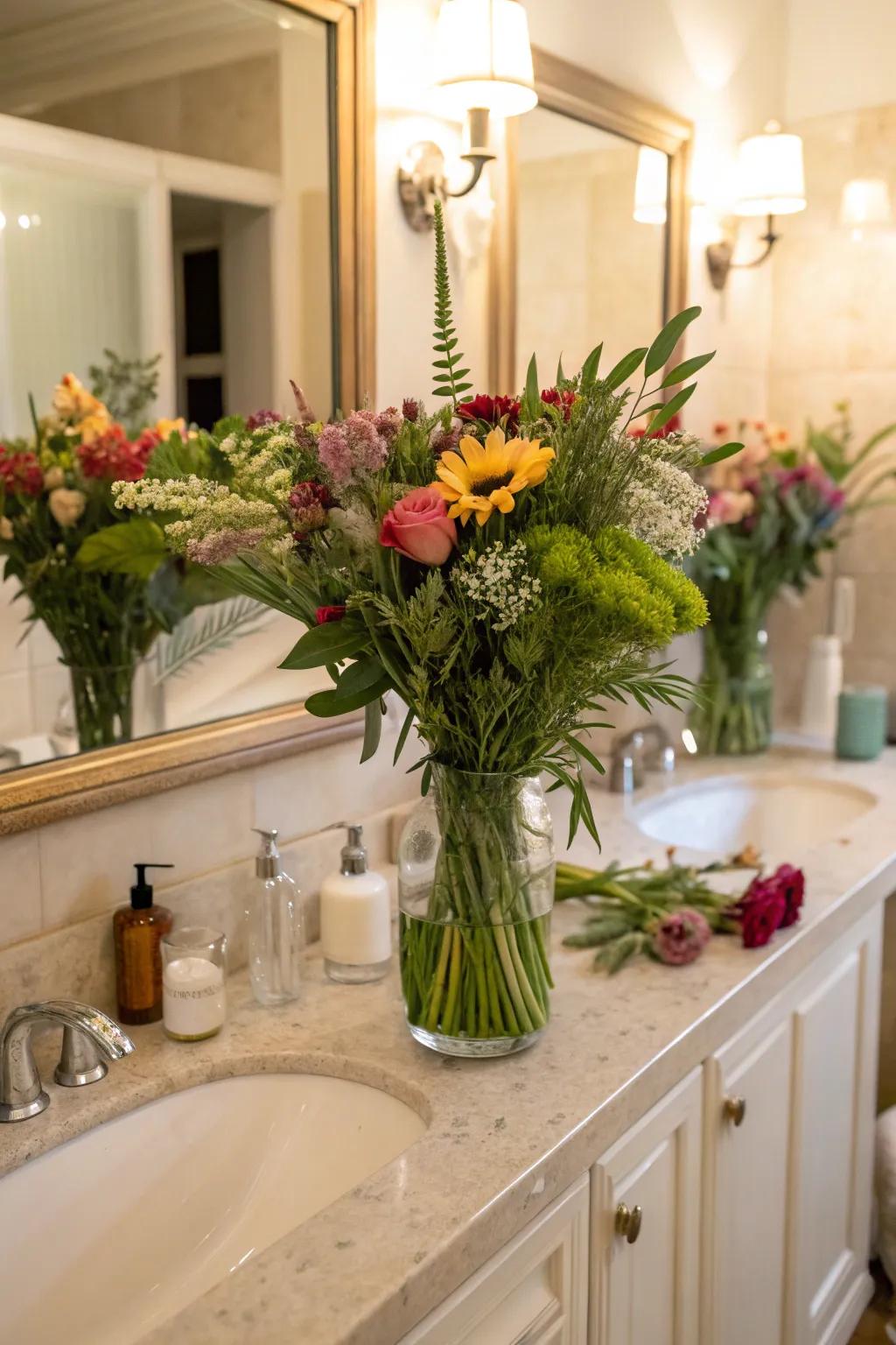 Combine and contrast flower holders for an artistic touch on your bathroom counter.