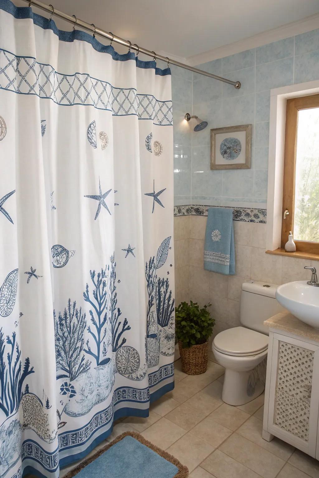 Coastal curtains bring a touch of the seaside to your bathroom.