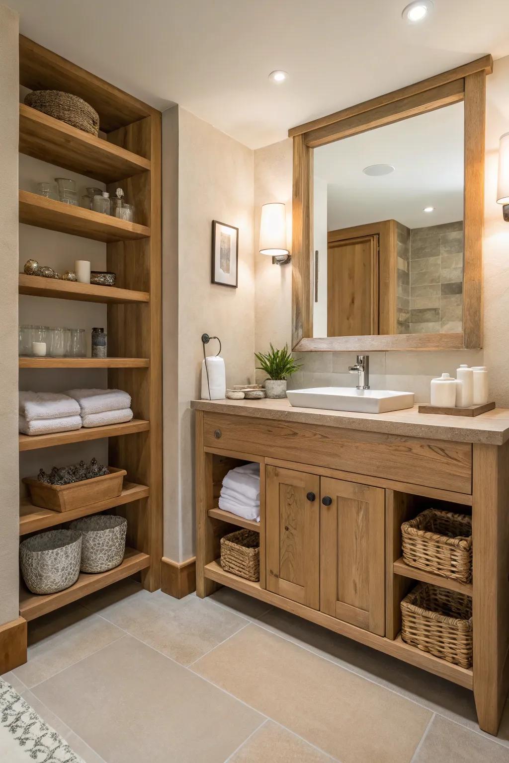 A bathroom where wood accents add warmth and a natural touch to the decor.