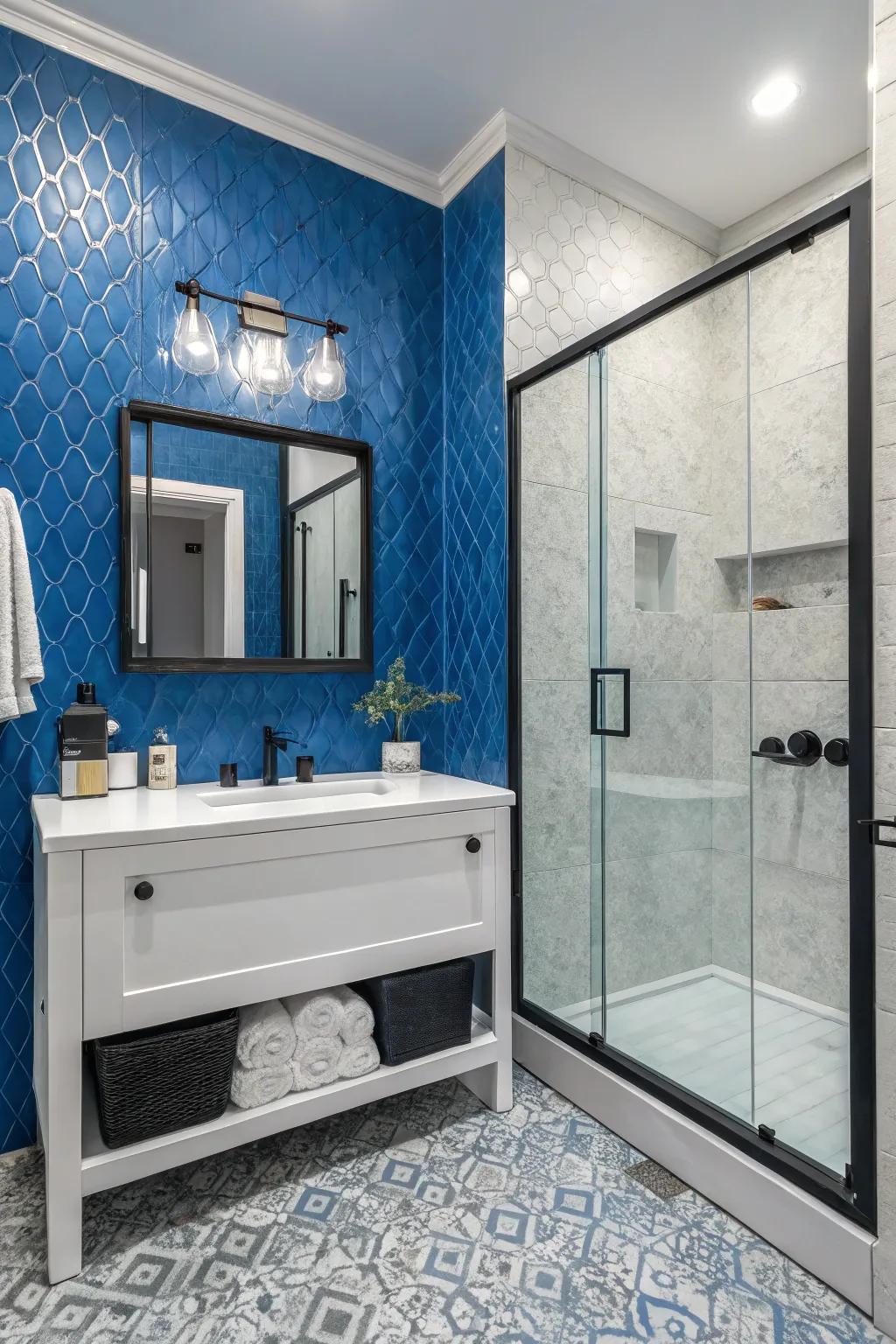 A bold and textured bathroom featuring vibrant blue walls.