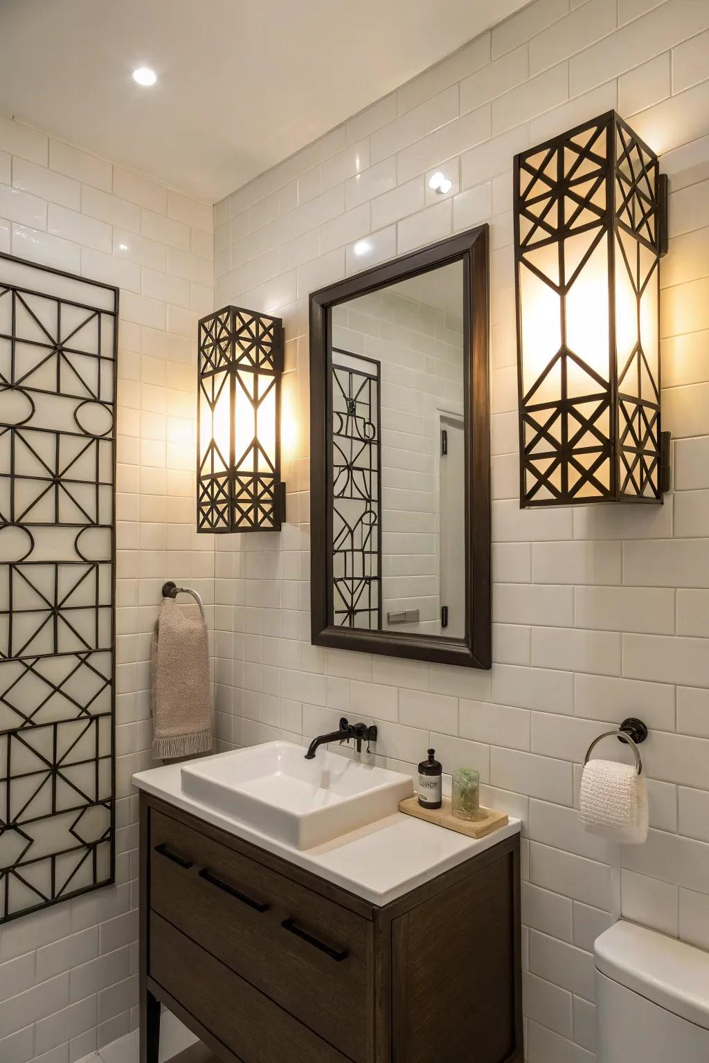 Multifaceted sconces introduce an artistic touch to your bathroom.