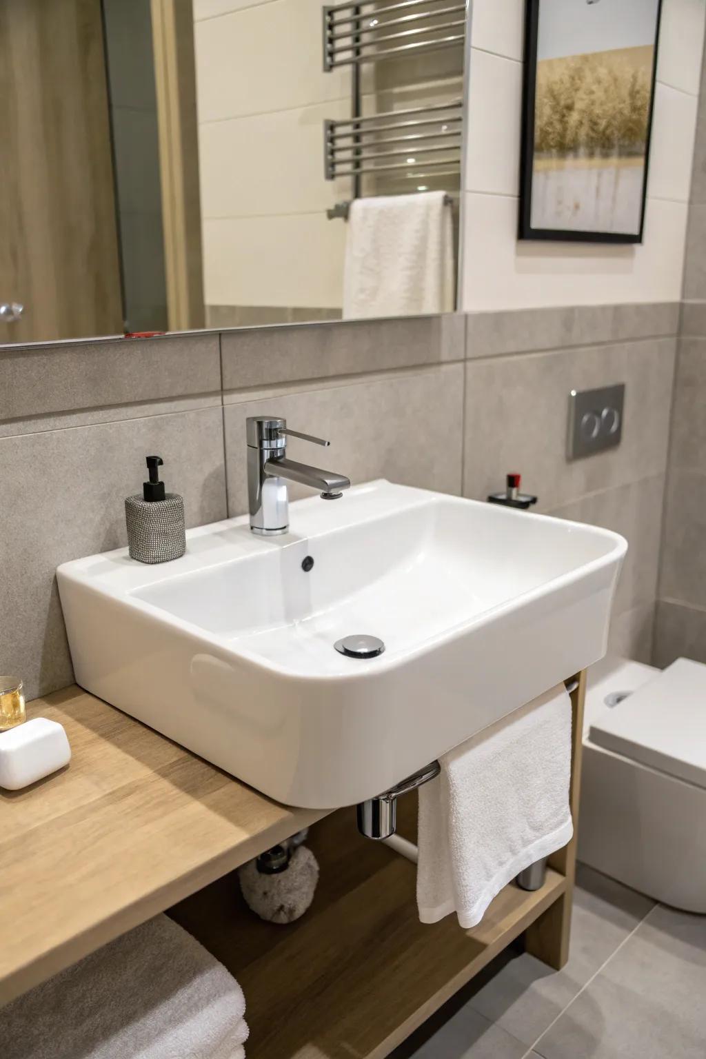 Wall-mounted sink for a minimalist, spacious vibe.