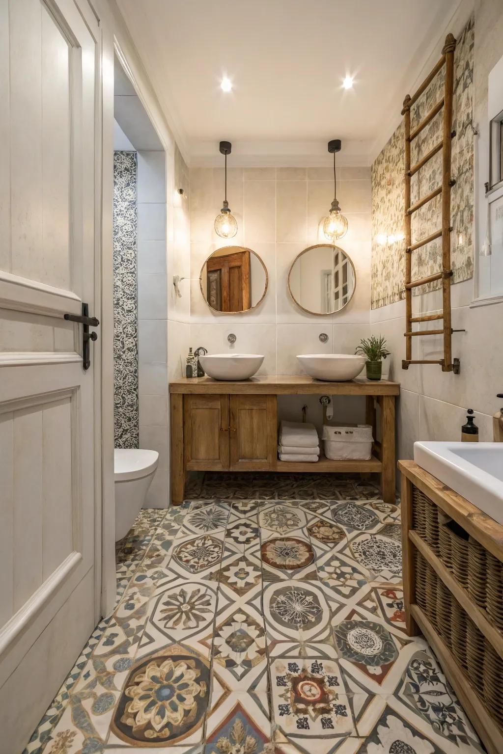 Your bathroom gets a bold touch when you add patterned tiles to the floor.