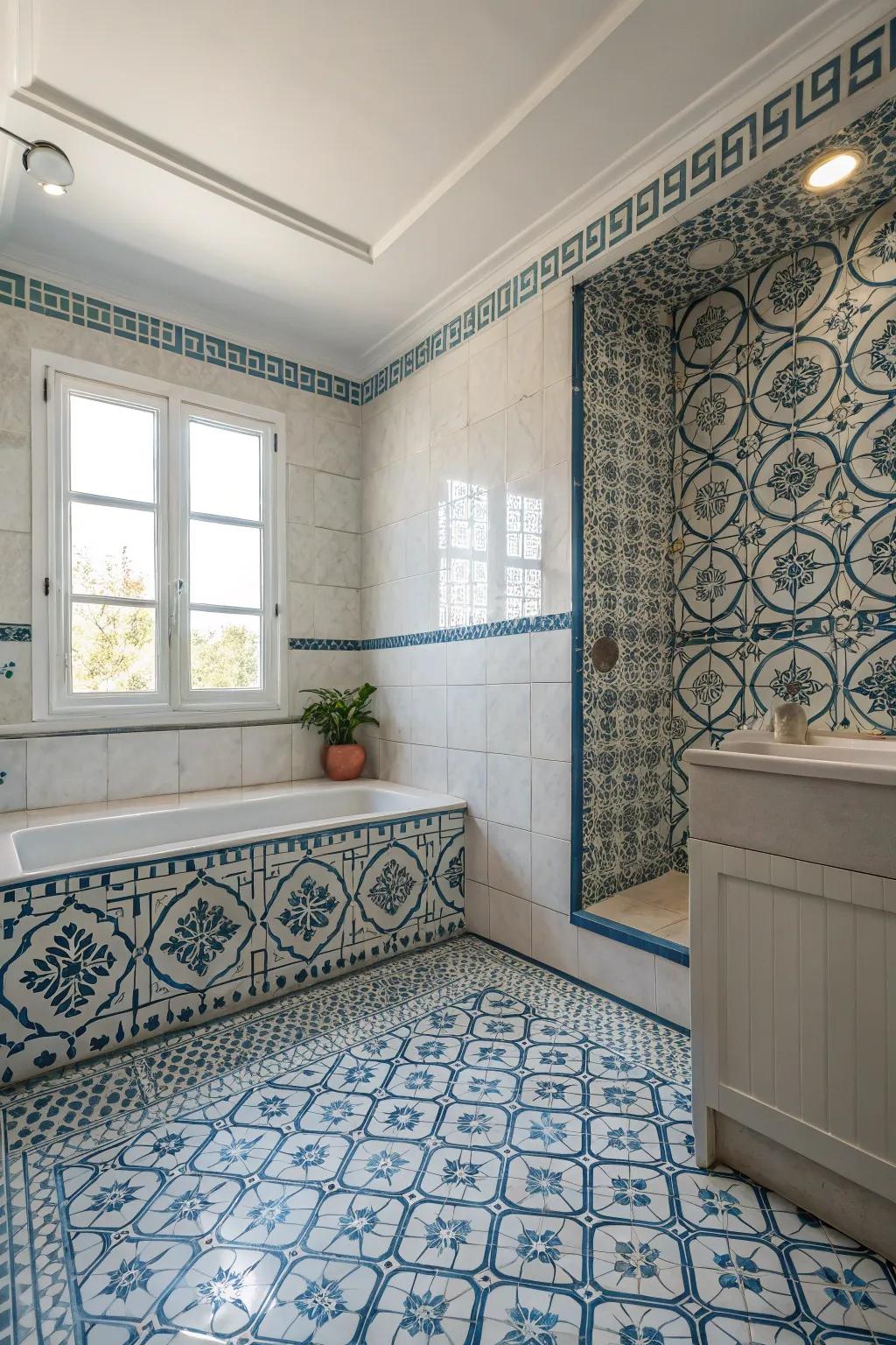 Patterned tile layouts fashion fascinating bathroom environments.
