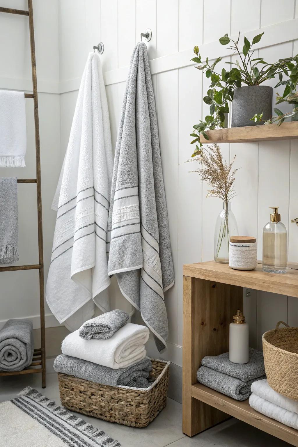 Stone and snow white towels offer a serene and minimalist aesthetic.