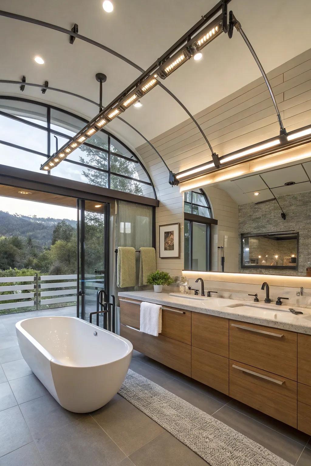 Single-rail lighting adapts beautifully to unique bathroom layouts.