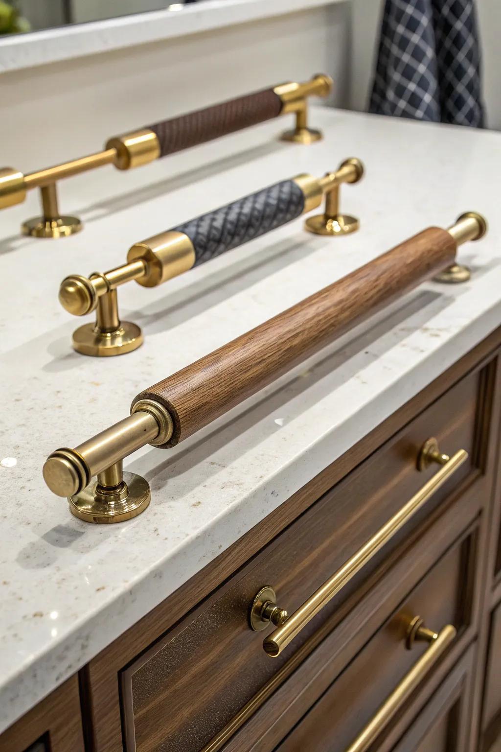 Handles with combined materials deliver a distinctive fusion of textures and shades.