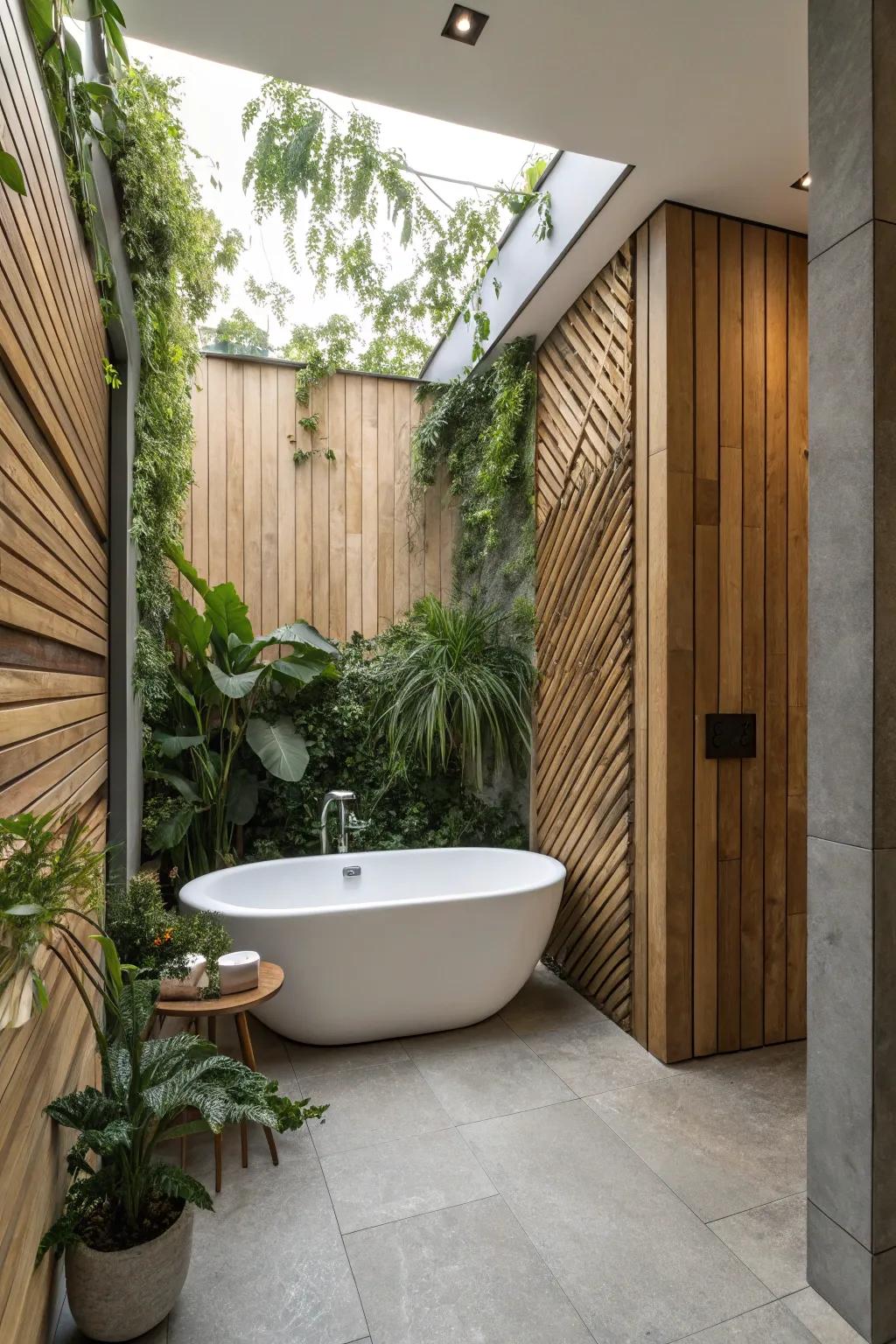 Natural warmth with faceted wood decor.