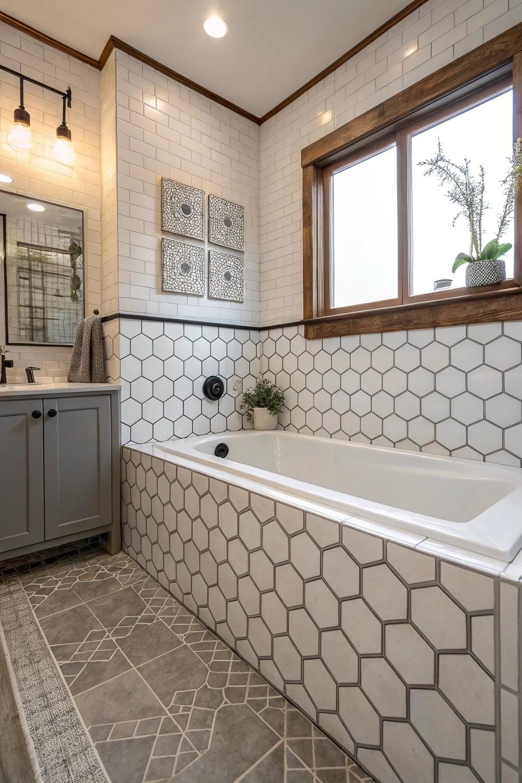 Hexagonal tiles bring a stylish flair to this soak area.