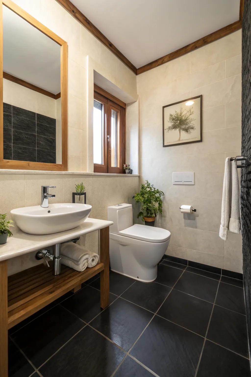 A minimalist approach heightens the sophistication of a dark ground surface.