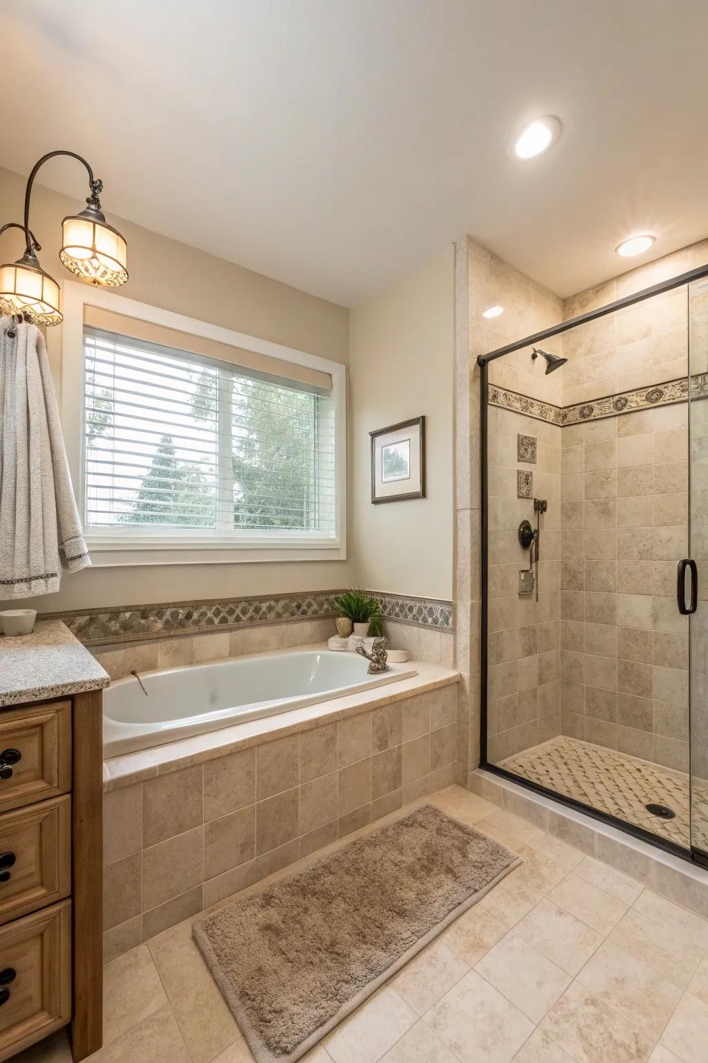 Neutral tones creating a serene atmosphere in the bathroom.