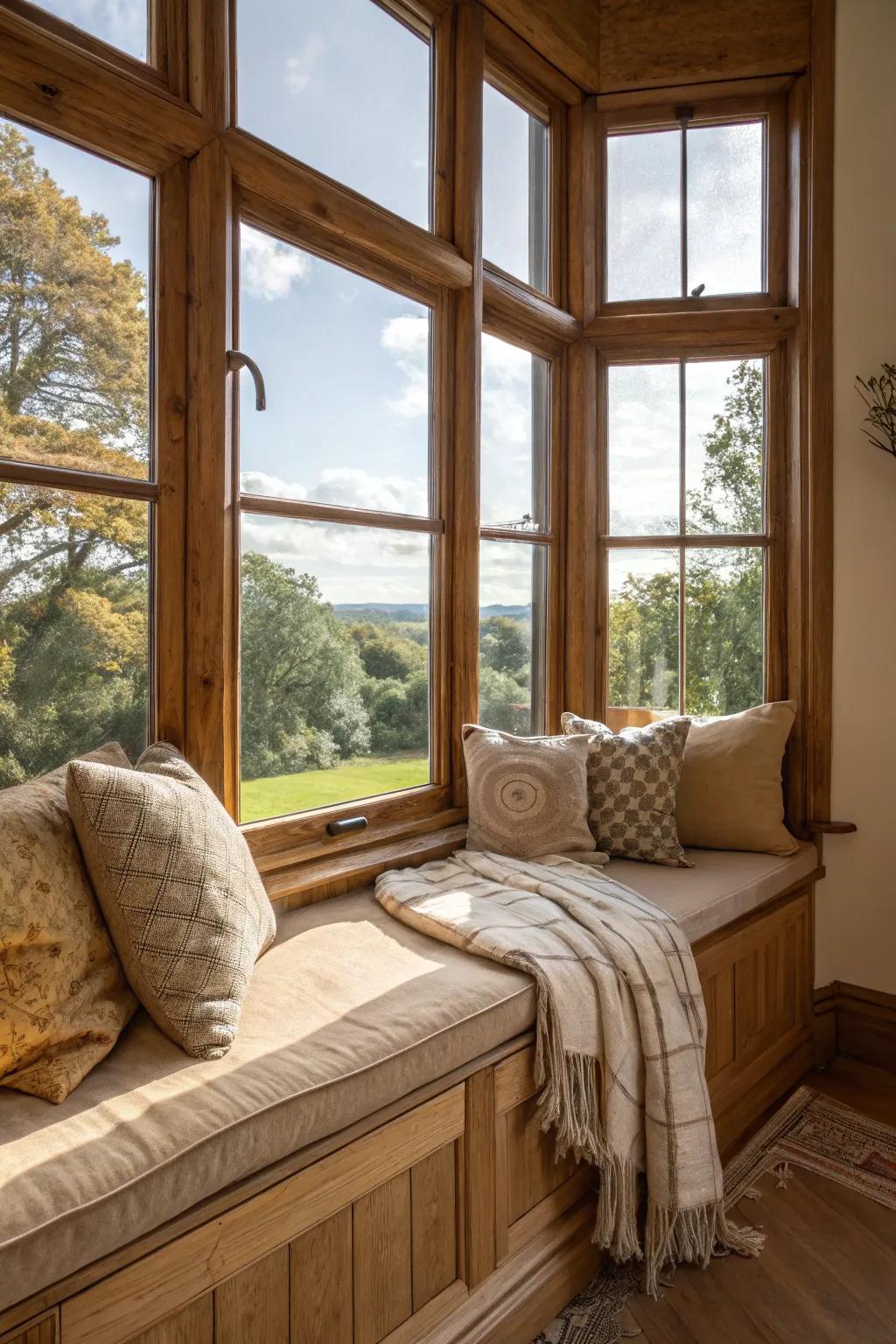Convey rustic warmth to your bay window with earthly and organically textured cushions.