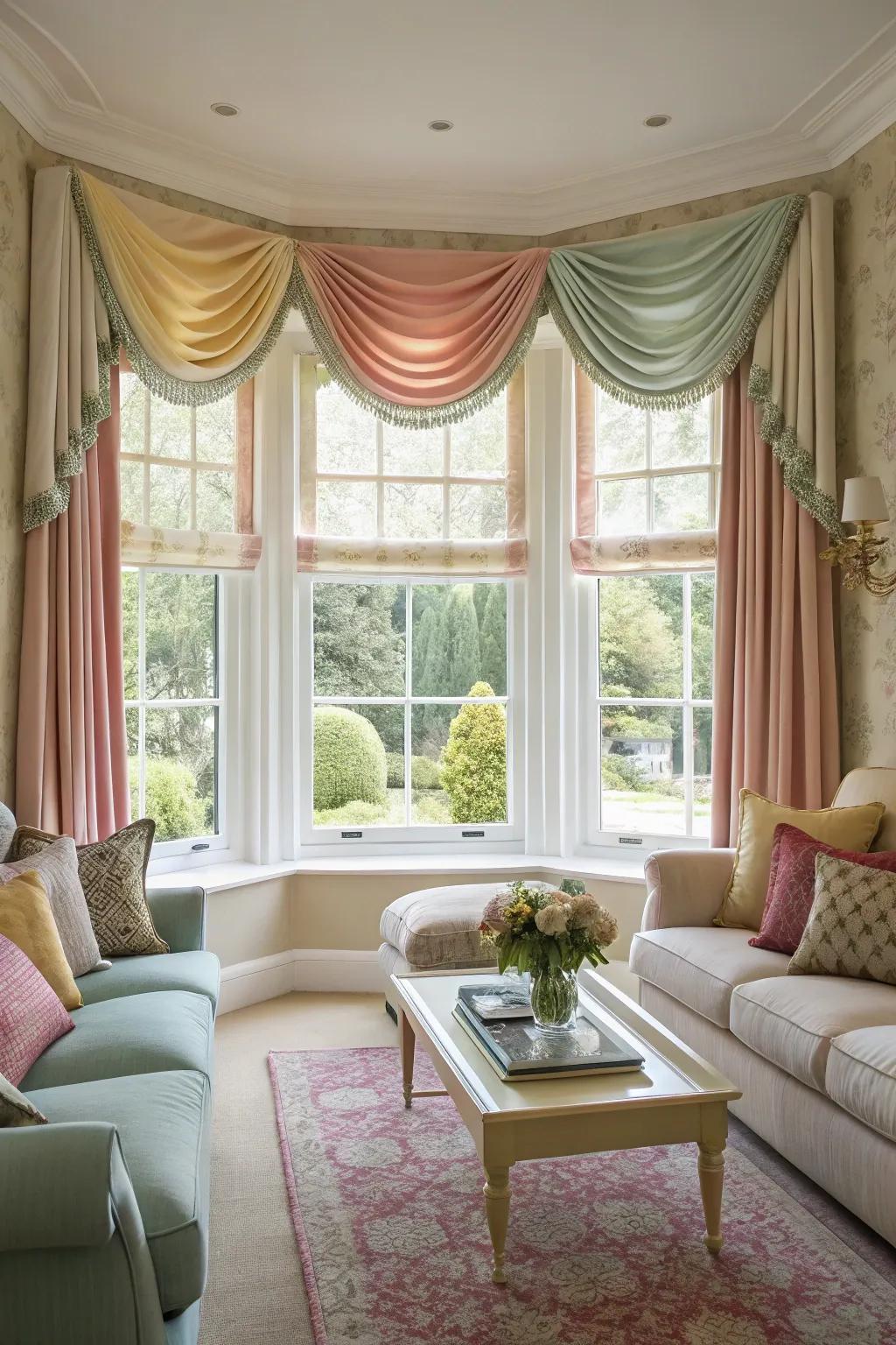 Harmonious colors in window toppers create a cohesive room.