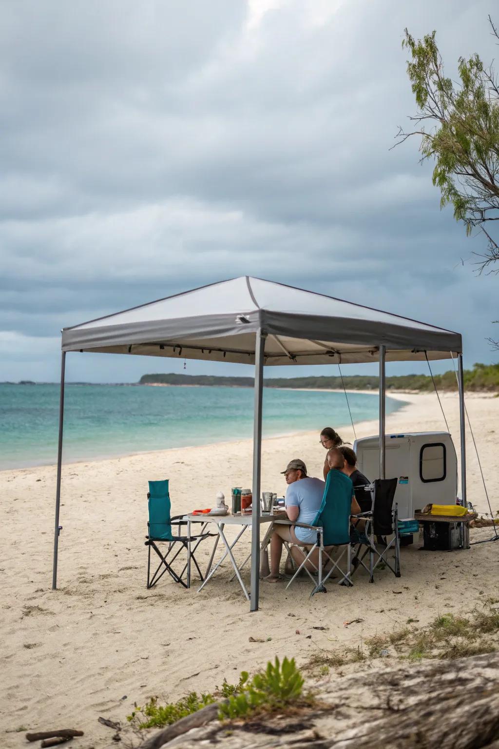 Mobile awnings deliver expansive shade for beach picnics.