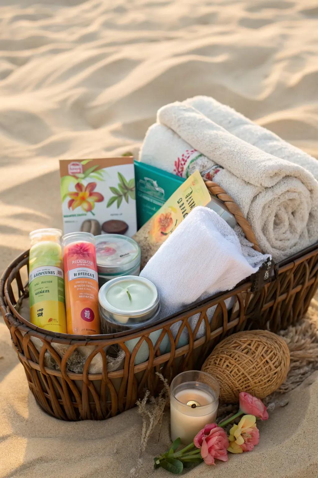 Delight with a tropical gift basket packed with beachy treats.