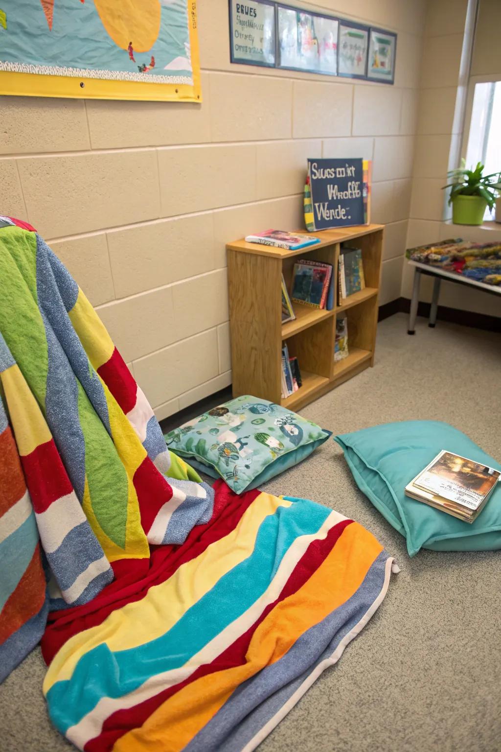 A comfortable reading space with coastal cloths, creating the perfect setting for a relaxed reading session.