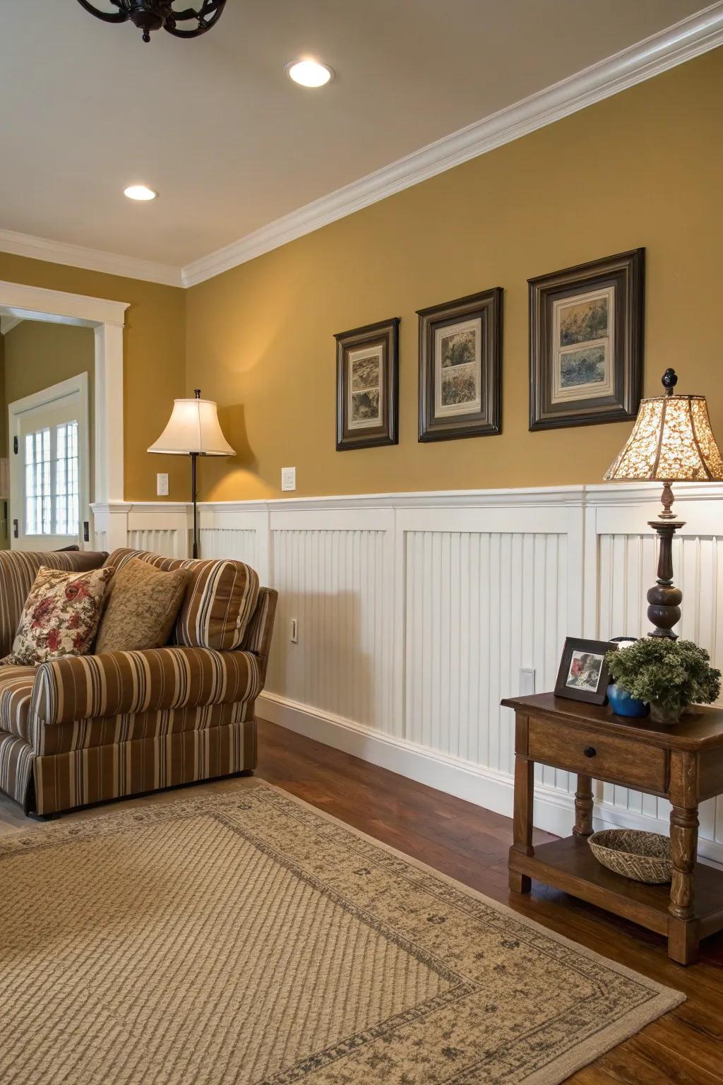 A fashionable living room showcasing plank panel wainscoting.