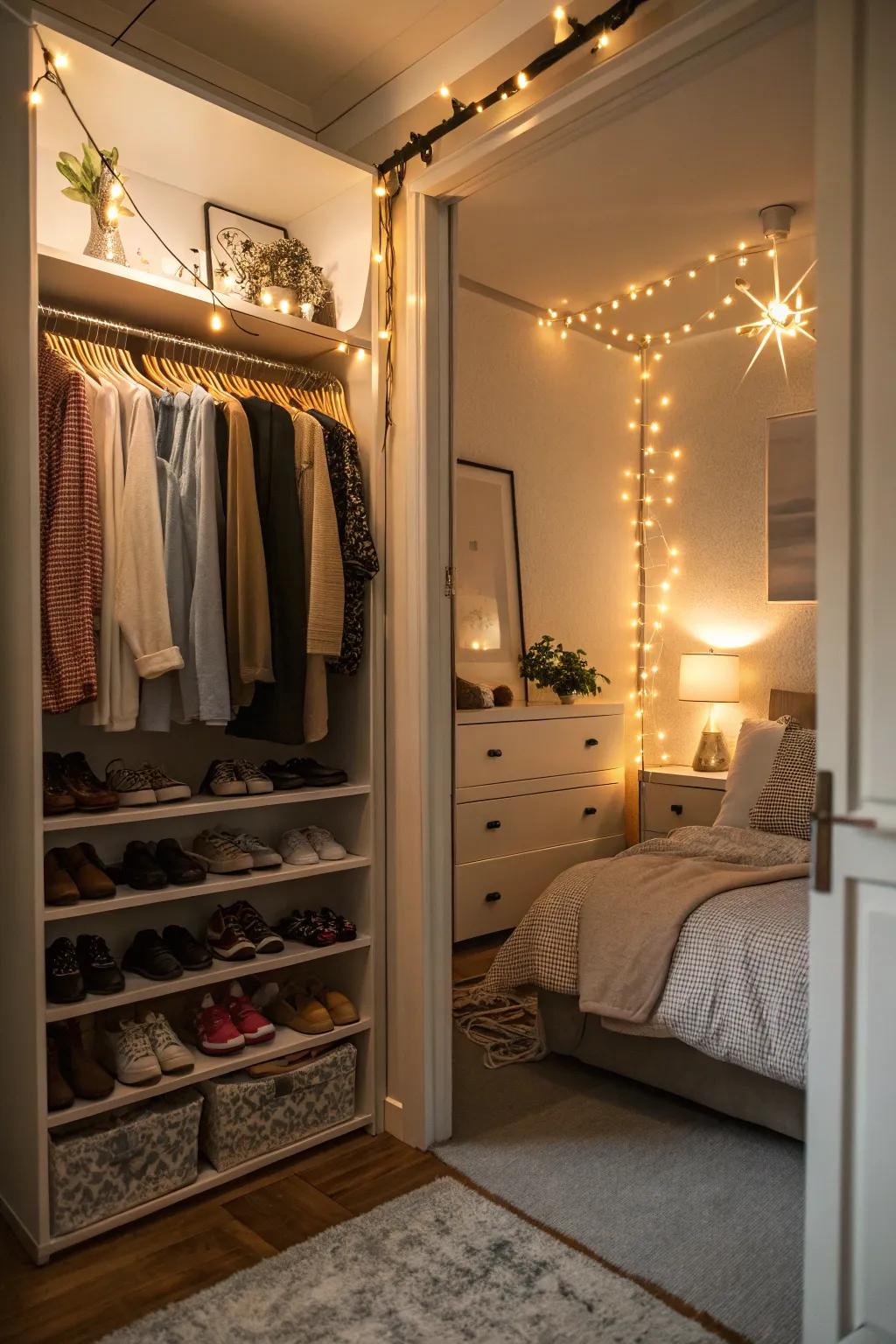 Soothing illumination contributes warmth and allure to your closet bed.
