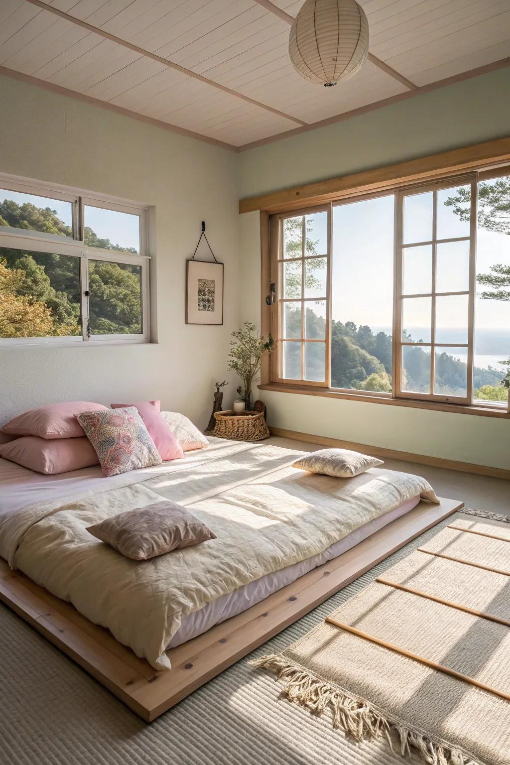 Brighten your floor bed space with soft colors and natural light.