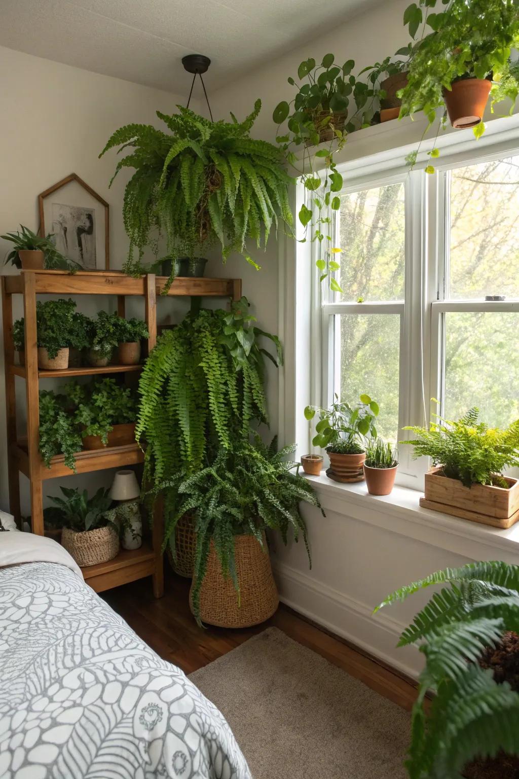 Bringing indoor plants into the bedroom introduces a natural, revitalizing vibe.