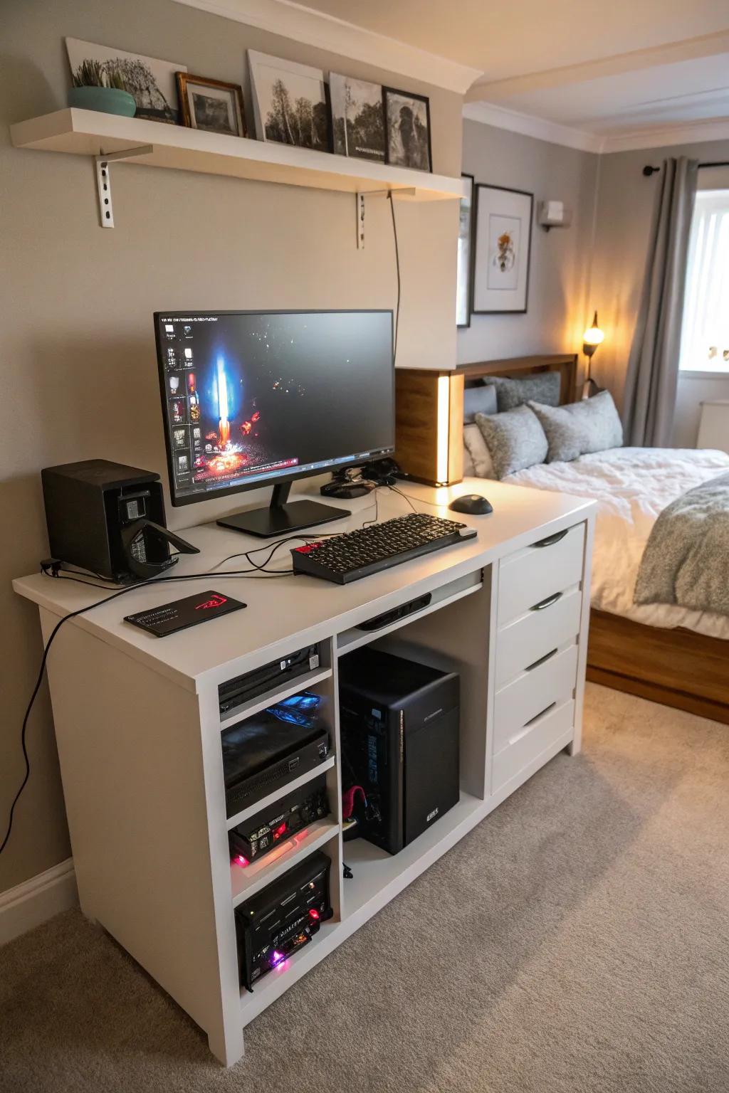An inventively arranged desk maintains your gaming zone neat.