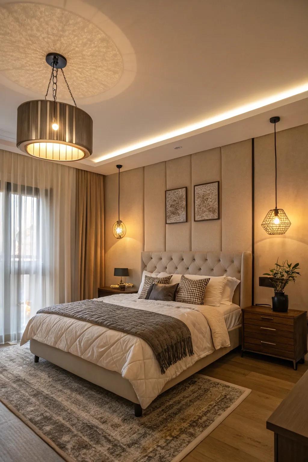 Modern lighting adds both functionality and style to this bedroom.