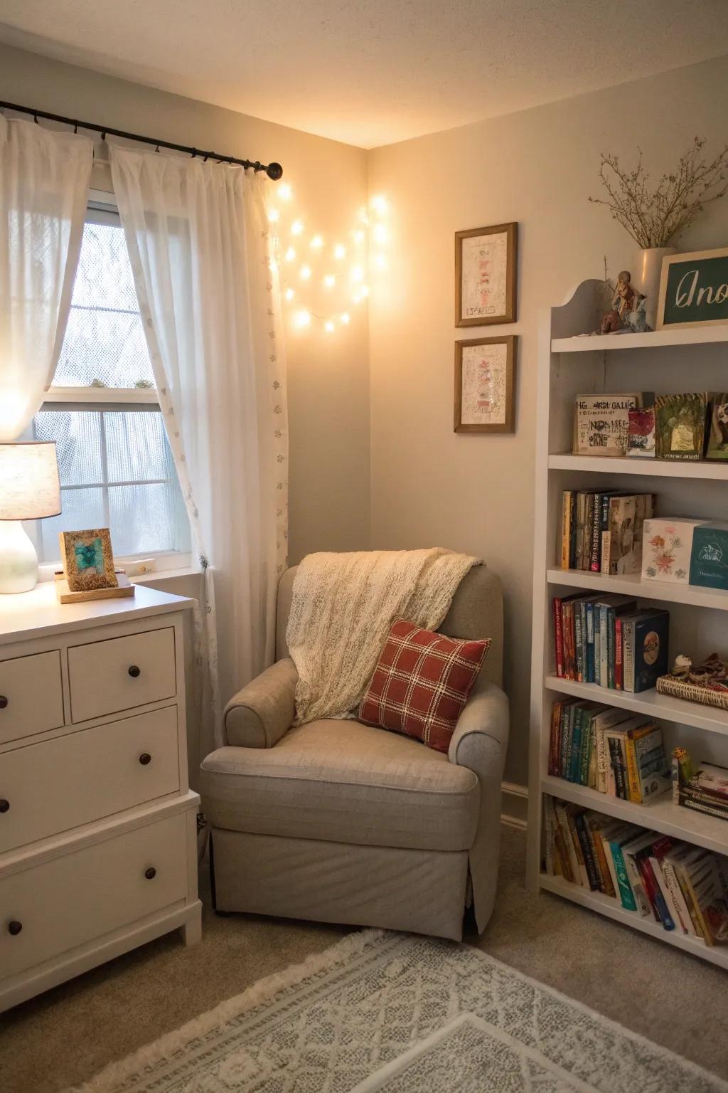 A cozy reading nook tucked away in a bedroom corner.