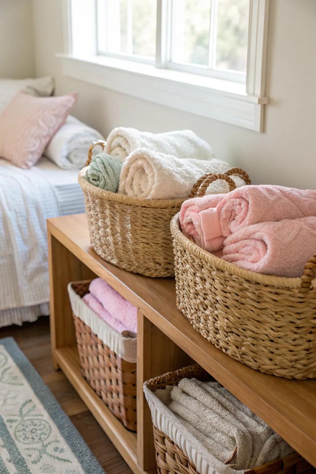 Improve your bedroom's aesthetic with fashionable storage baskets.
