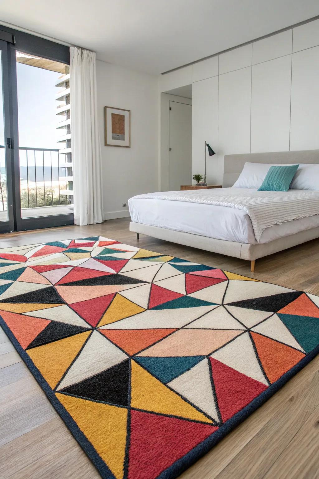 Geometric carpets add a modern edge to bedroom design.
