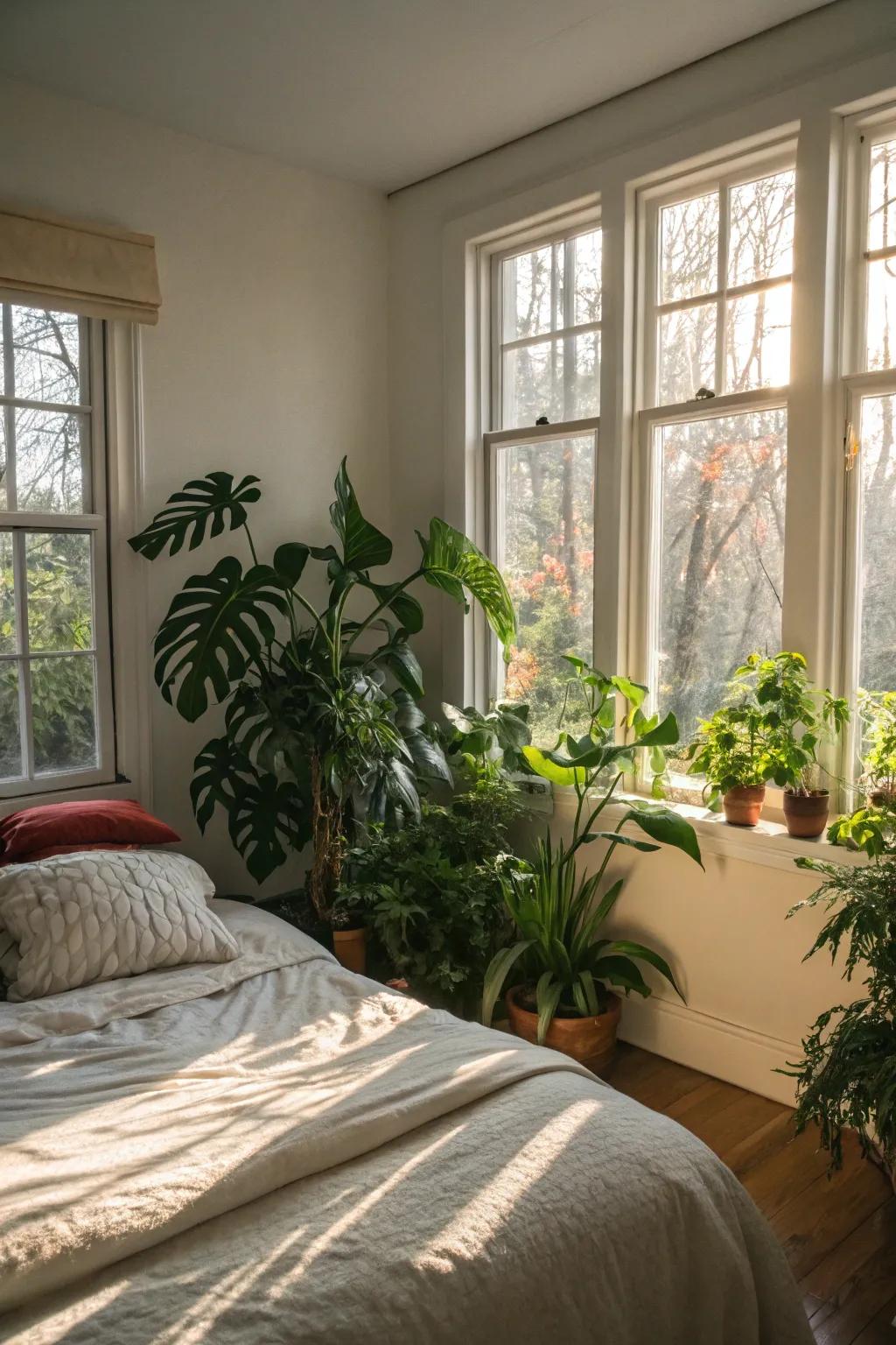 A bedroom infused with natural elements and lush greenery.