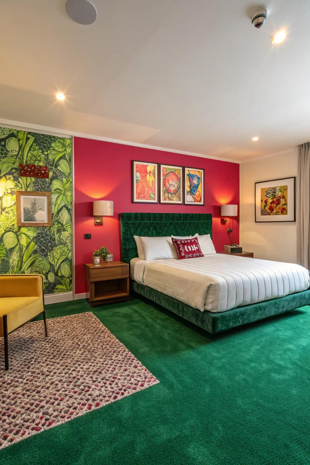 A feature wall puts character and vitality into the sleeping quarters, complementing the verdant floor covering.