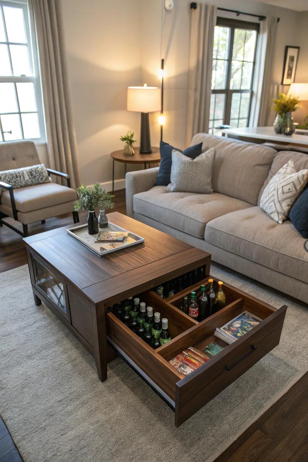 An adaptable center table in the lounge with secret beer bottle storage.