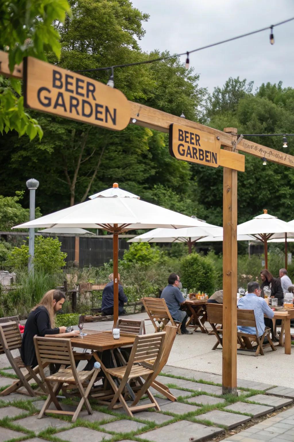Exterior brewing garden placards cultivate a welcoming vibe.