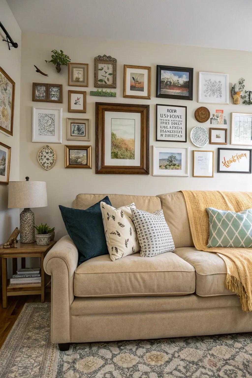 A creative wall display adds character to a living room that features a sand-toned sofa.