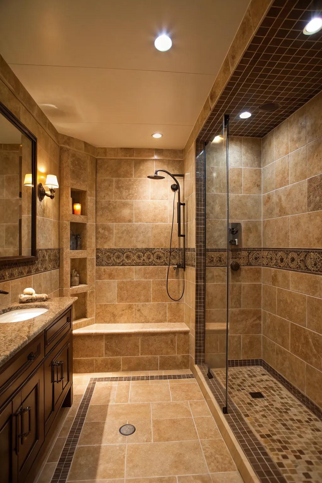 Deeper sand tones introduce depth and drama to your shower space.