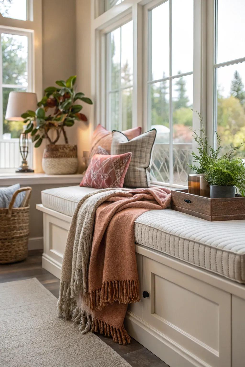 A throw blanket layered over cushions adds both warmth and texture to your bench.