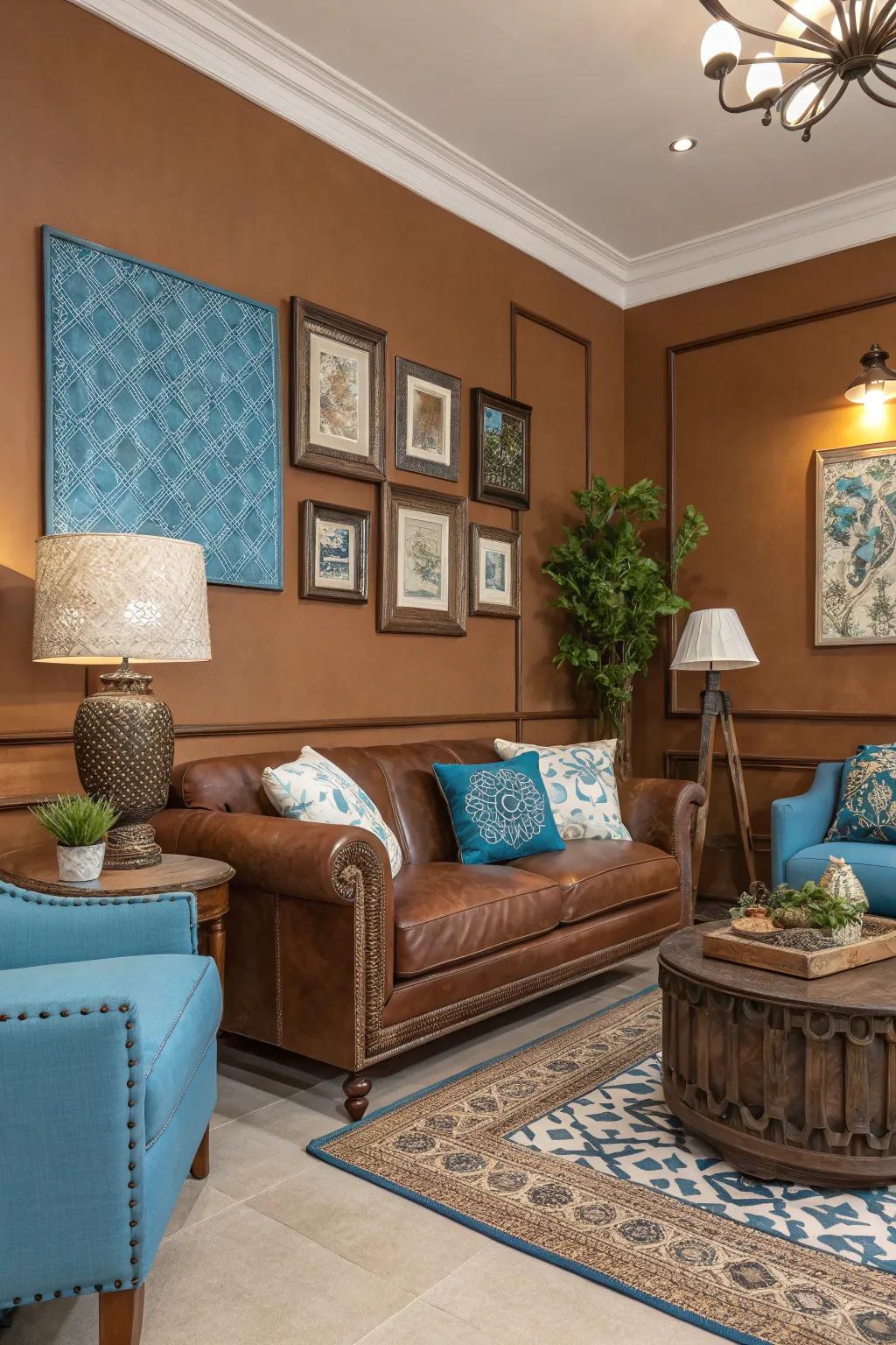 A harmonious mixture of cocoa and blue to get a tranquil space.