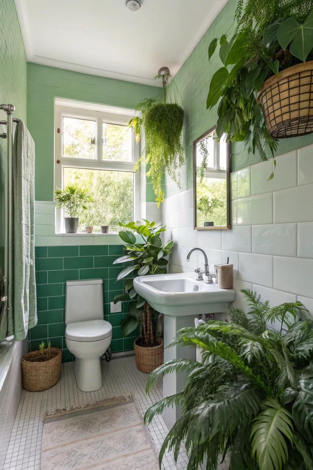 A spa-like powder room featuring soothing sparkle green walls.