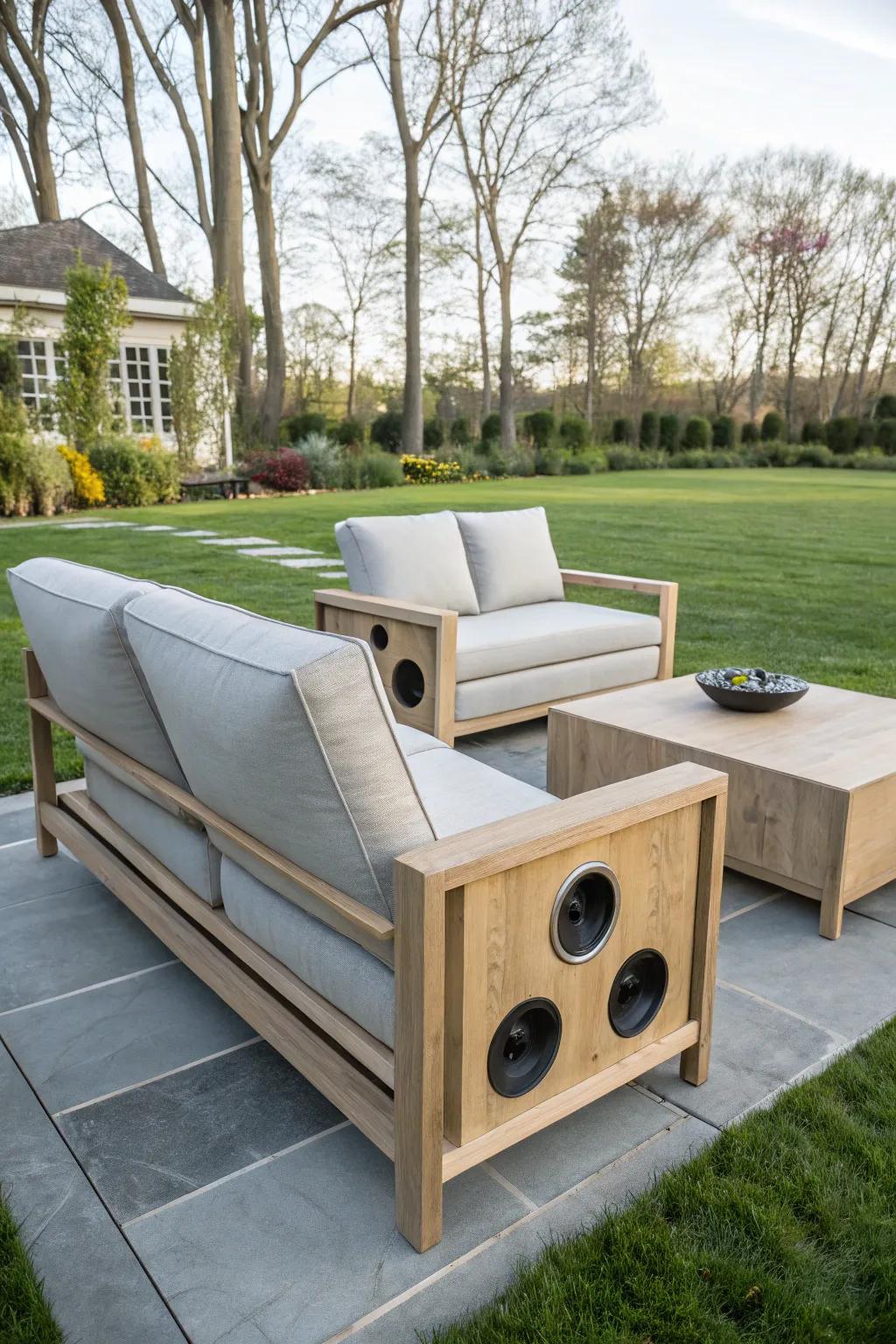Furniture-integrated speakers provide discreet audio solutions for outdoor spaces.