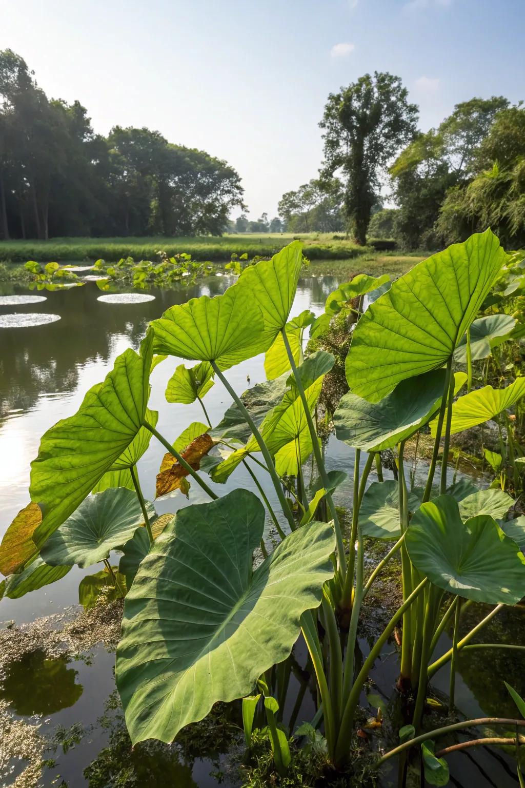 Elephant ears inject a tropical atmosphere into your water garden.