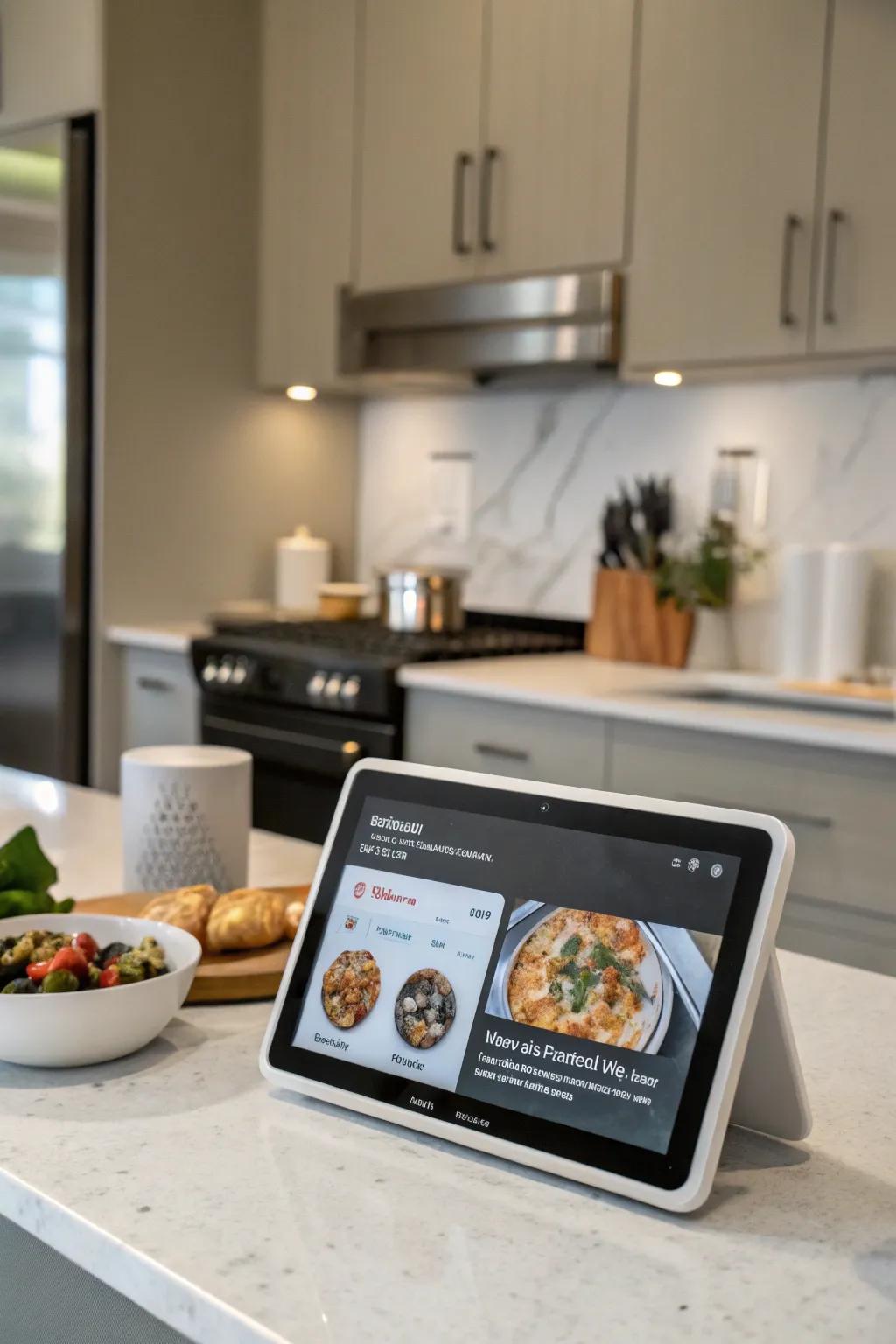 A smart display acts as a versatile kitchen assistant, offering recipes and controlling devices.
