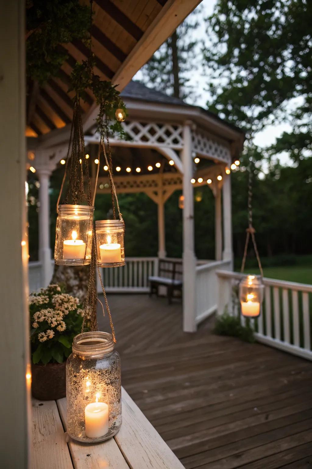 Apothecary jar lights contribute a down-to-earth appeal to any gazebo.