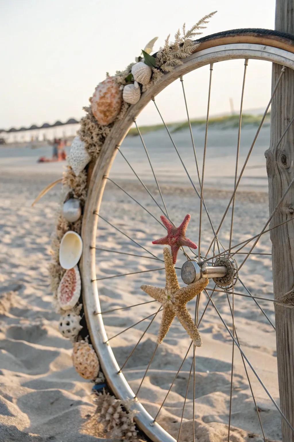 A beach-inspired bicycle wreath with seashells and starfish for a coastal atmosphere.