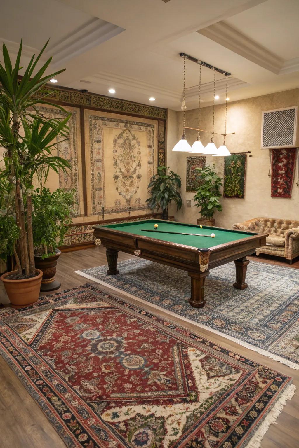 Decorative accents, like carpets and plant life, add coziness to a billiards room.