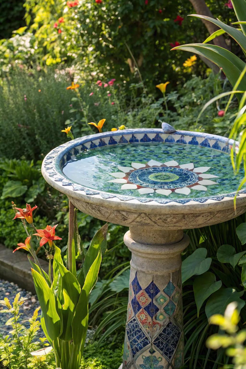 An artistic mosaic bird bath with blue and green tiles, introducing a creative touch to the garden.